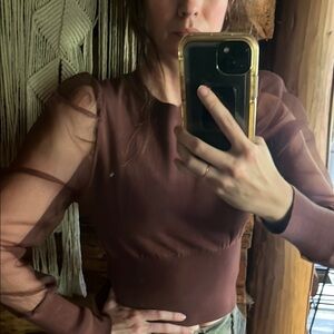Chic Brown Blouse with Sheer Sleeves